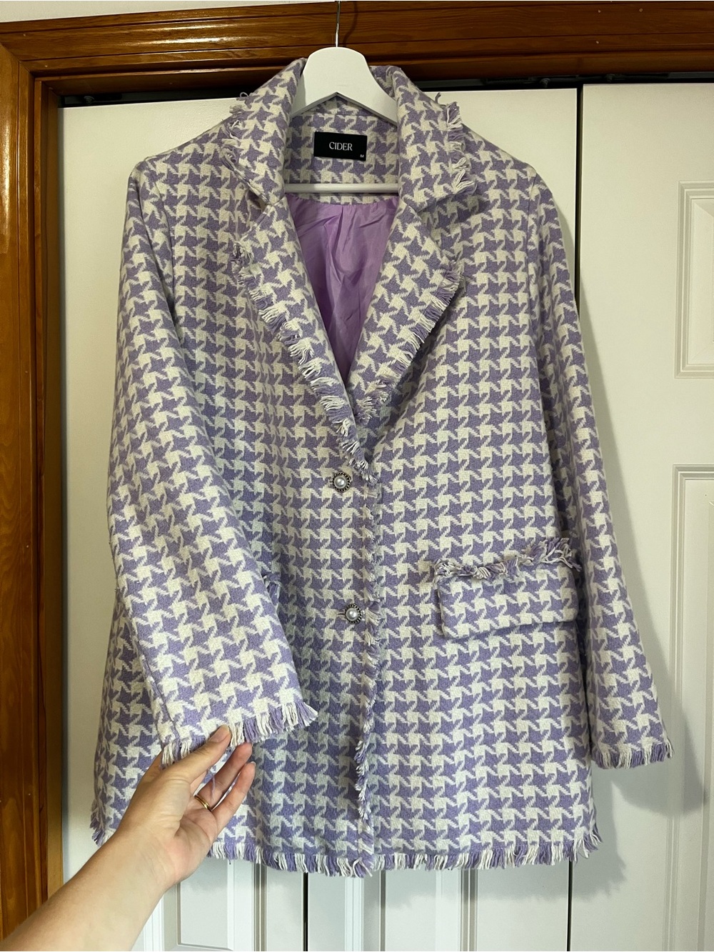 Cider Lilac & Cream Houndstooth Fringe-Trim Blazer